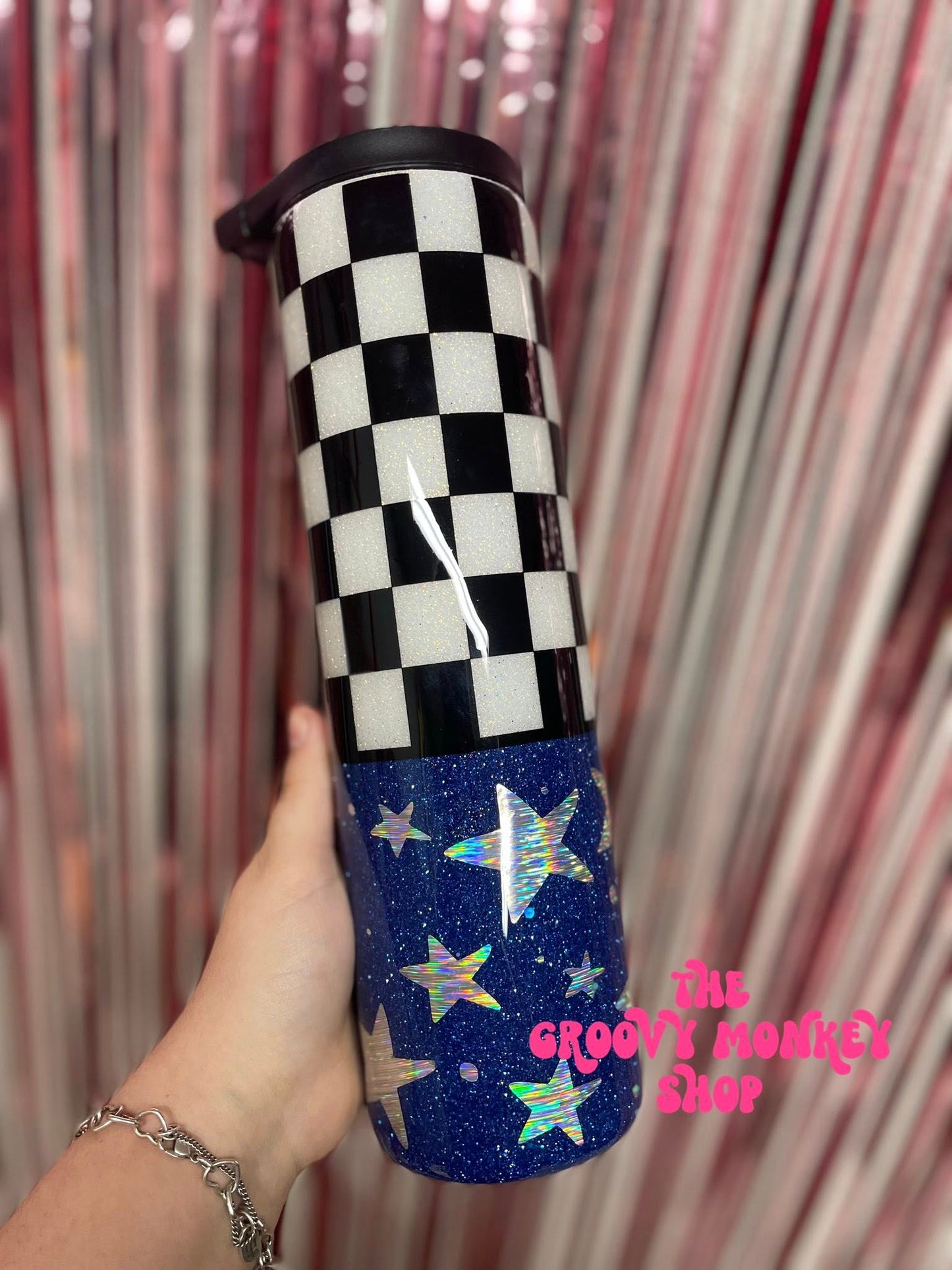 Checkered Star Glitter Tumbler