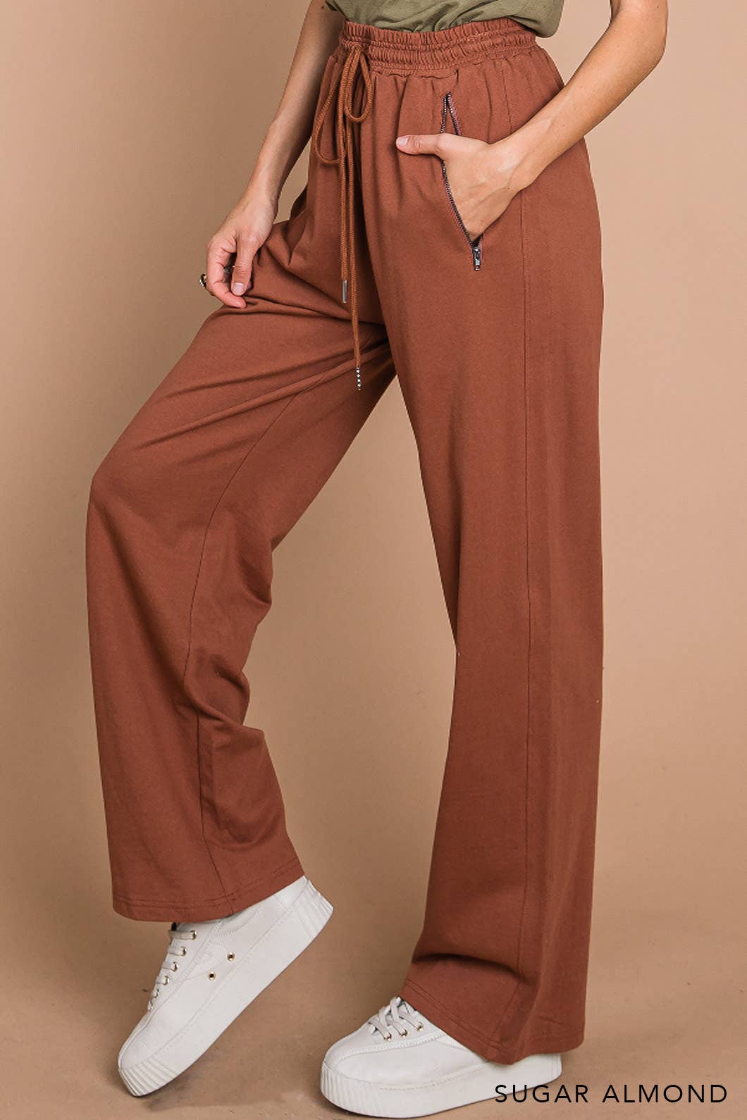 Sugar Almond Drawstring Wide Leg Pants