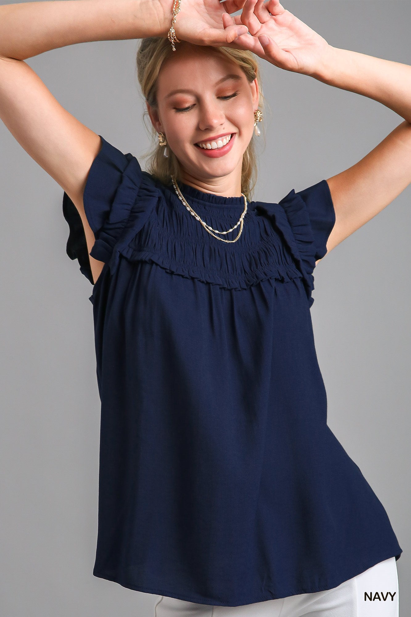 Navy Smocked Ruffle Blouse