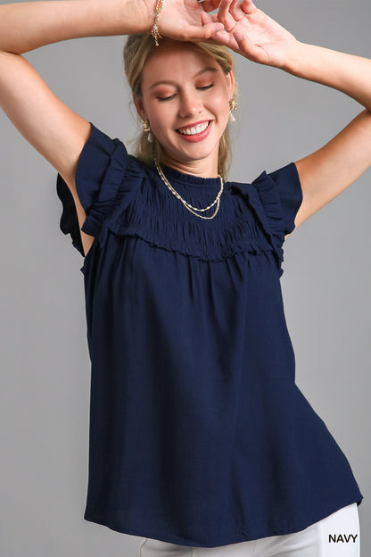 Navy Smocked Ruffle Blouse