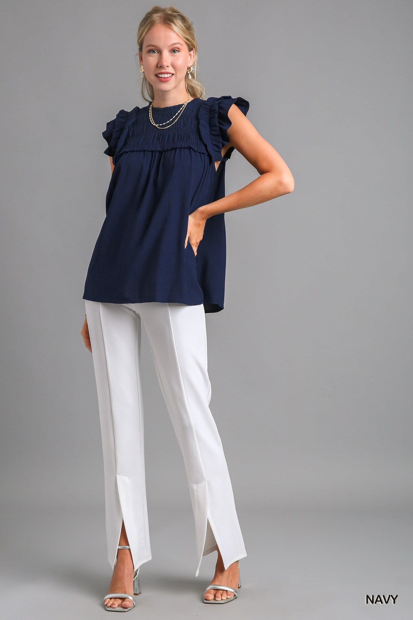 Navy Smocked Ruffle Blouse