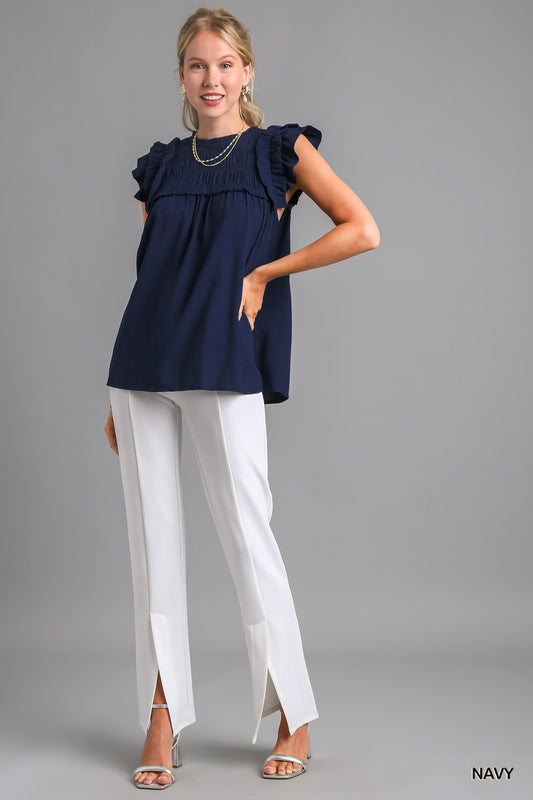 Navy Smocked Ruffle Blouse