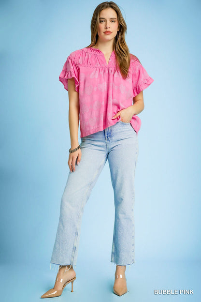 Pink Heart Ruffle Sleeve Blouse